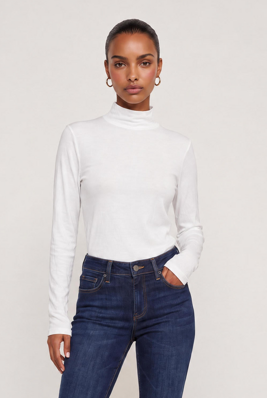 
model wearing Mock Neck Long Sleeve Knit Top posing Front View