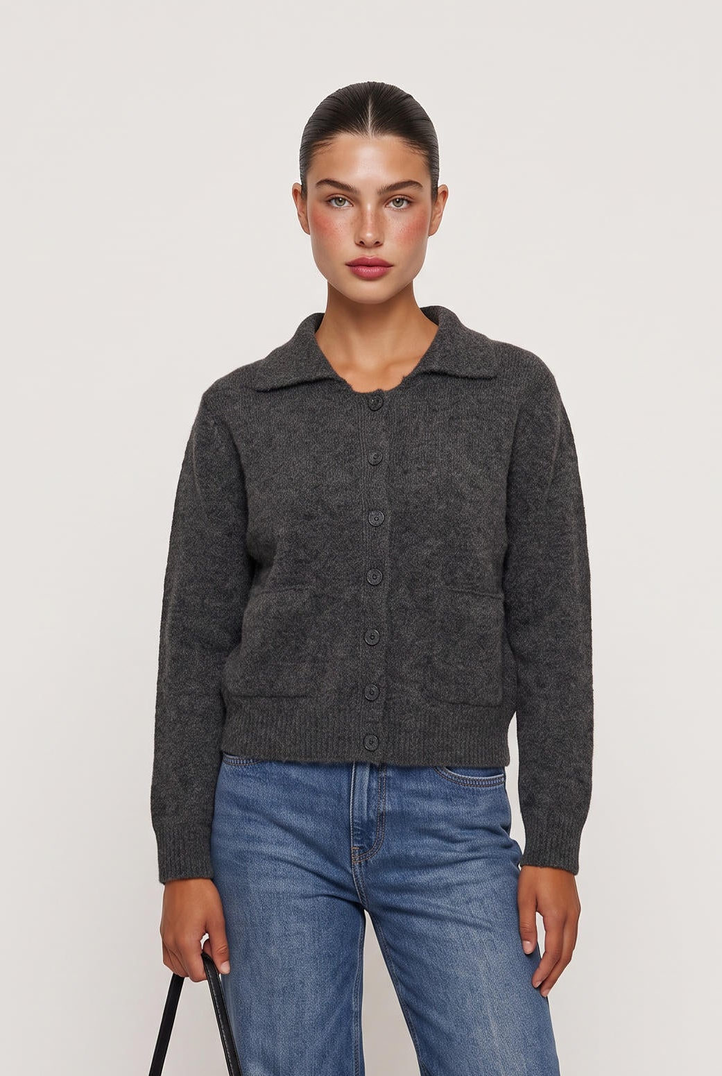 
model wearing Prime Cut Sweater Jacket posing Front View
