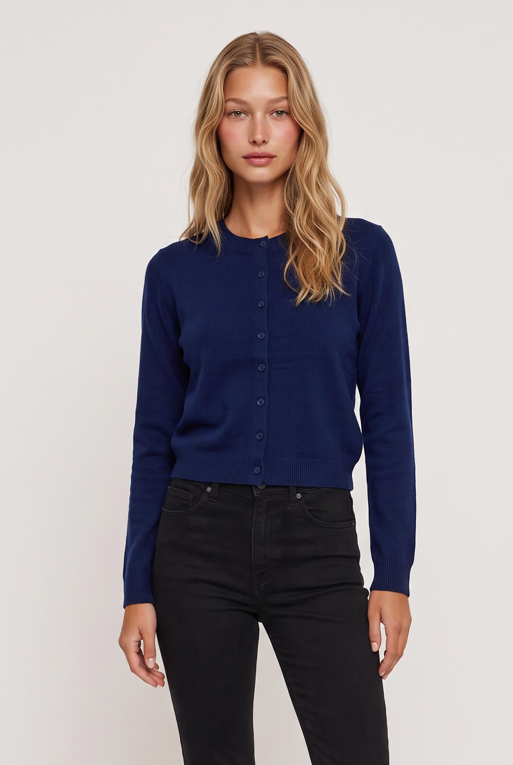 [COBALT] model wearing Soho Cardigan posing Front View