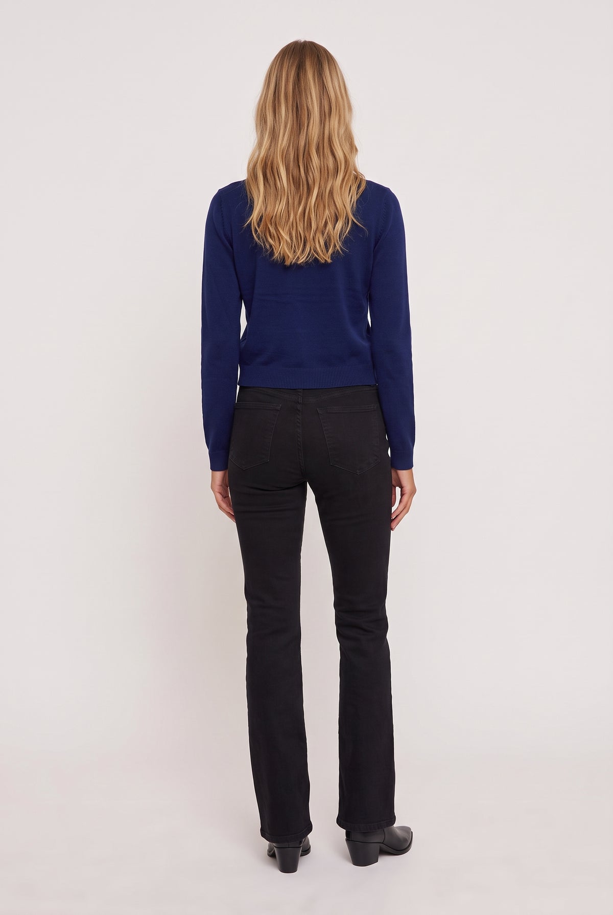 [COBALT] model wearing Soho Cardigan posing Back View