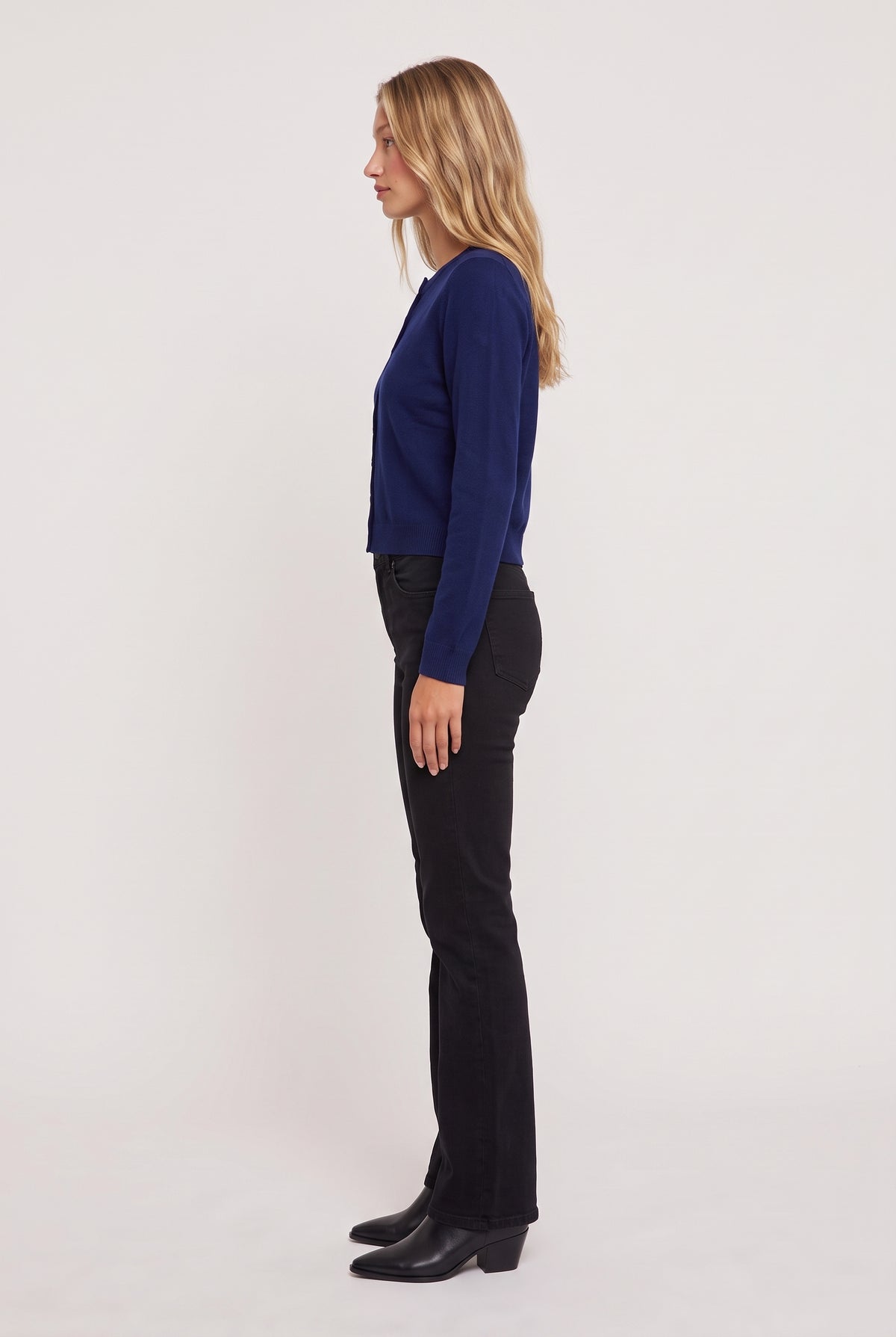 [COBALT] model wearing Soho Cardigan posing Side View