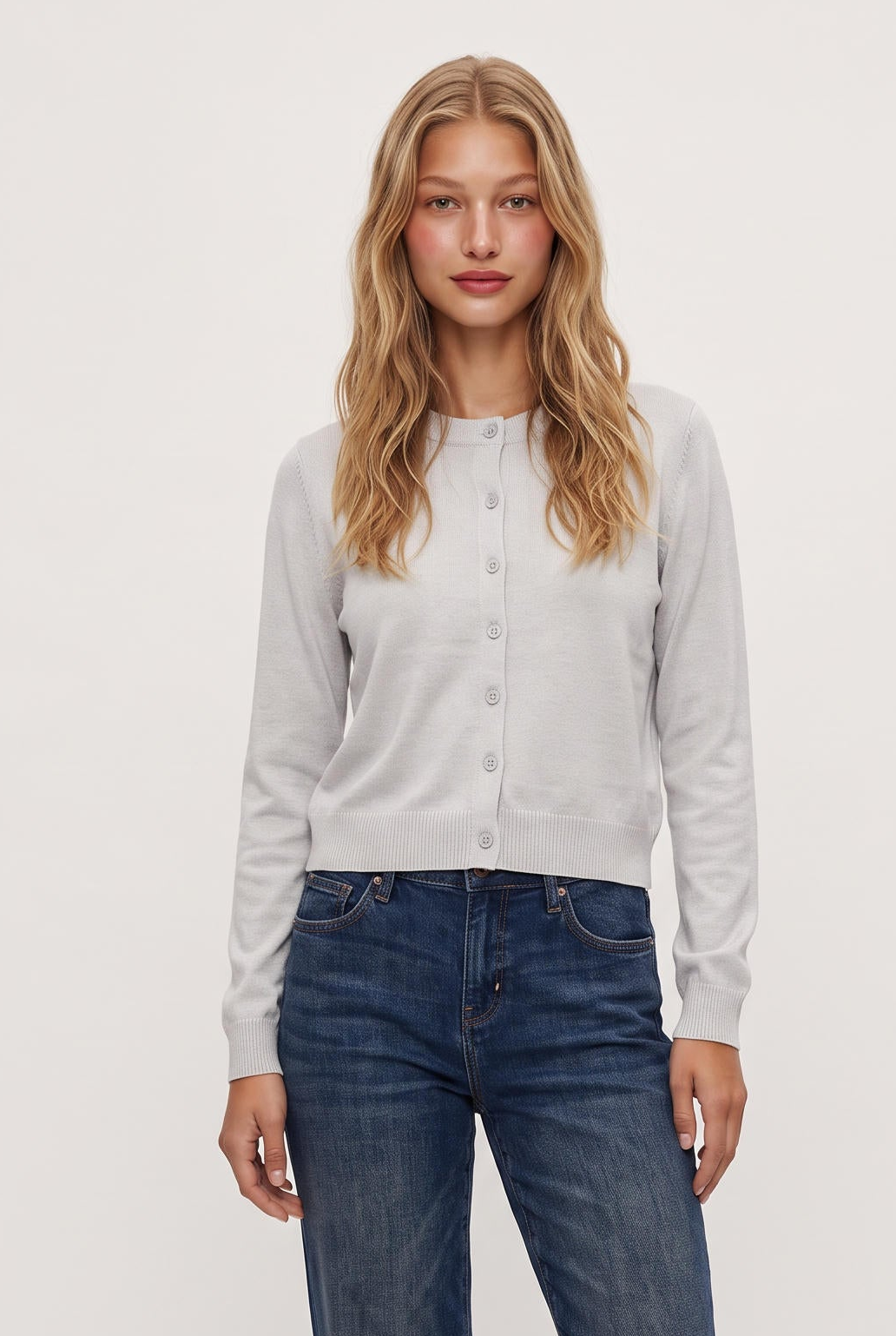 
model wearing Soho Cardigan posing Front View