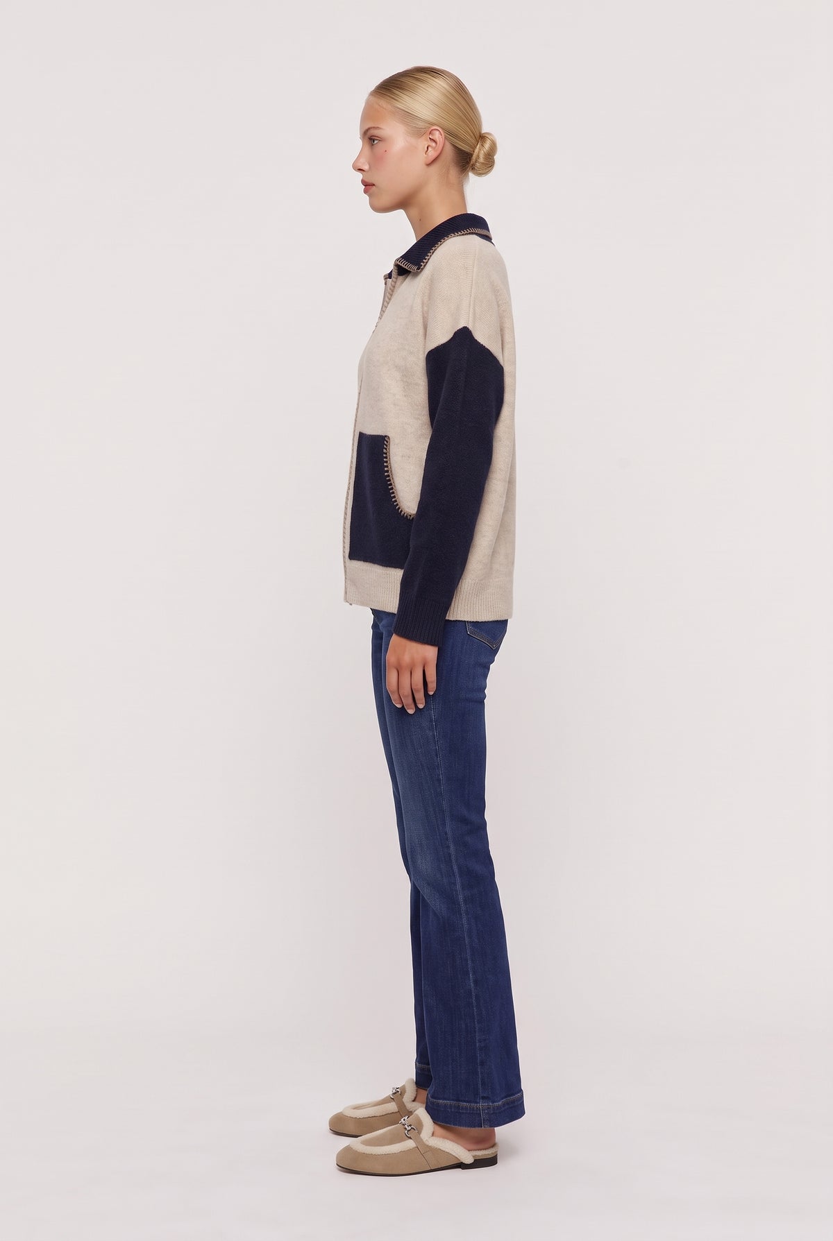
model wearing Stitch Perfect Zip Up Cardigan posing Side View