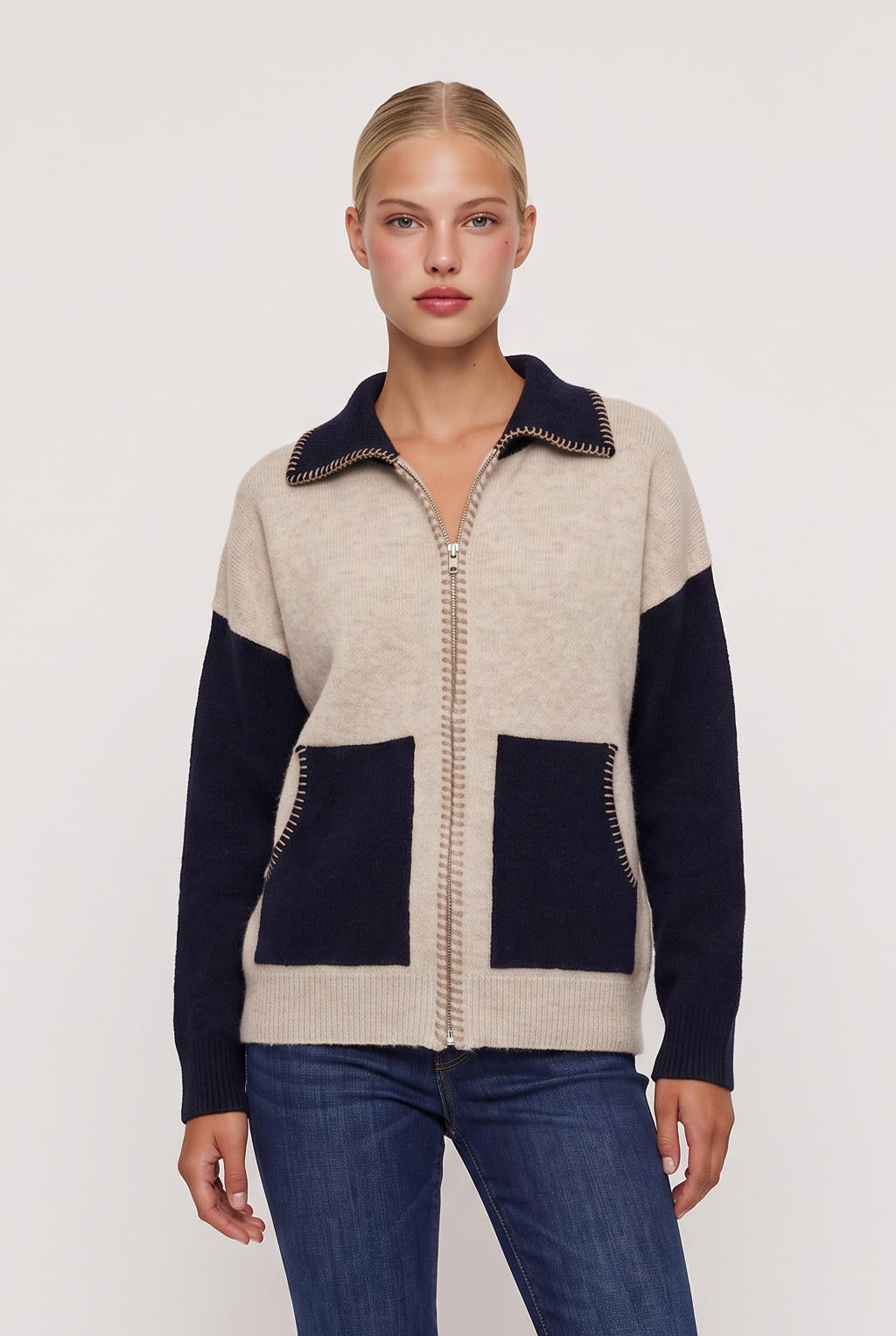 [NAVY] model wearing Stitch Perfect Zip Up Cardigan posing Front View