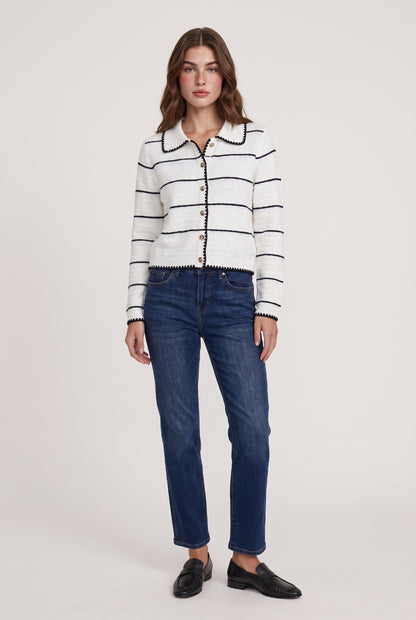 
model wearing Stripe Collared Cardigan posing Front View