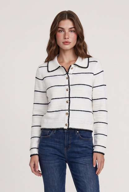 
model wearing Stripe Collared Cardigan posing Front View