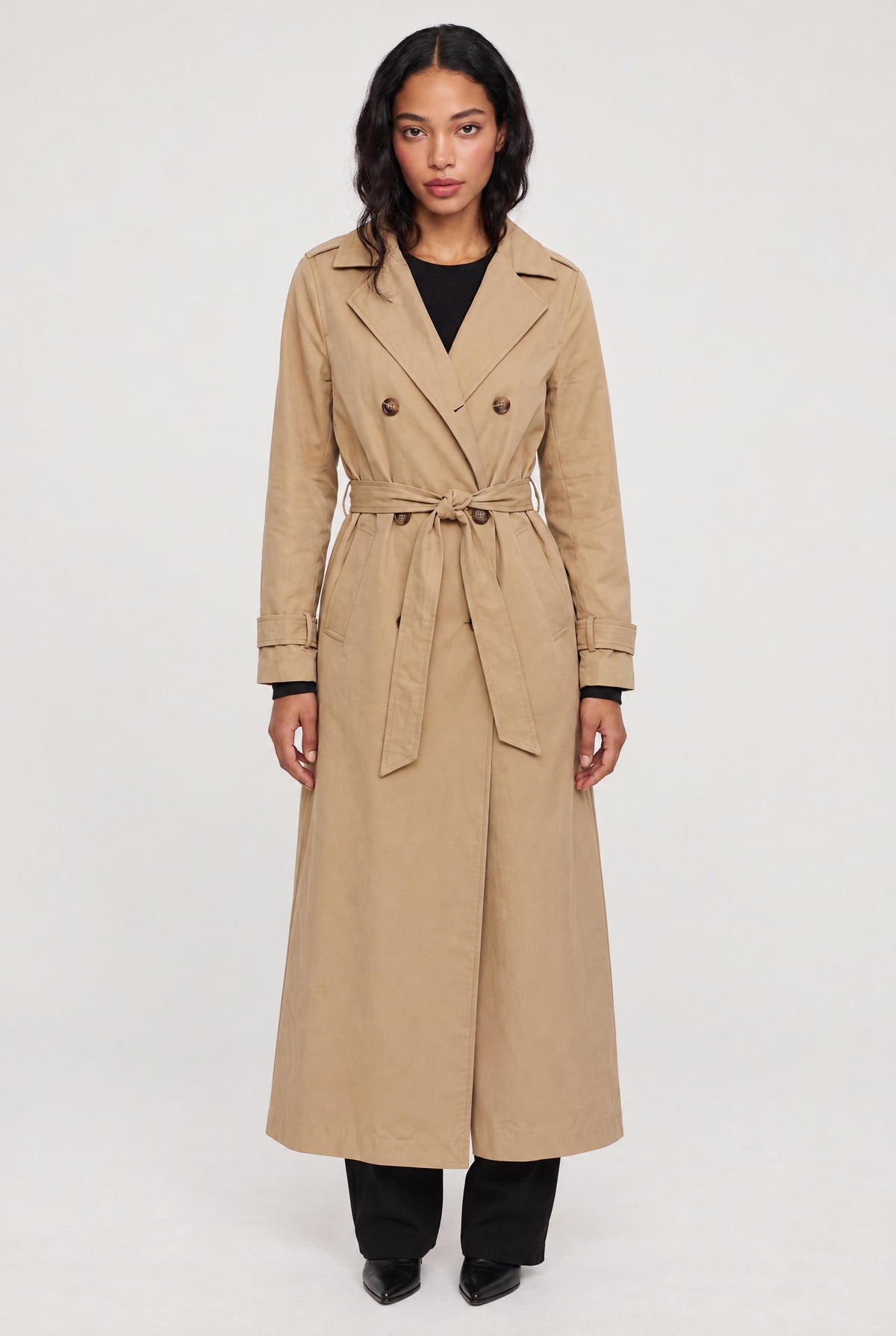 [TAN] model wearing Trench Coat posing Front View