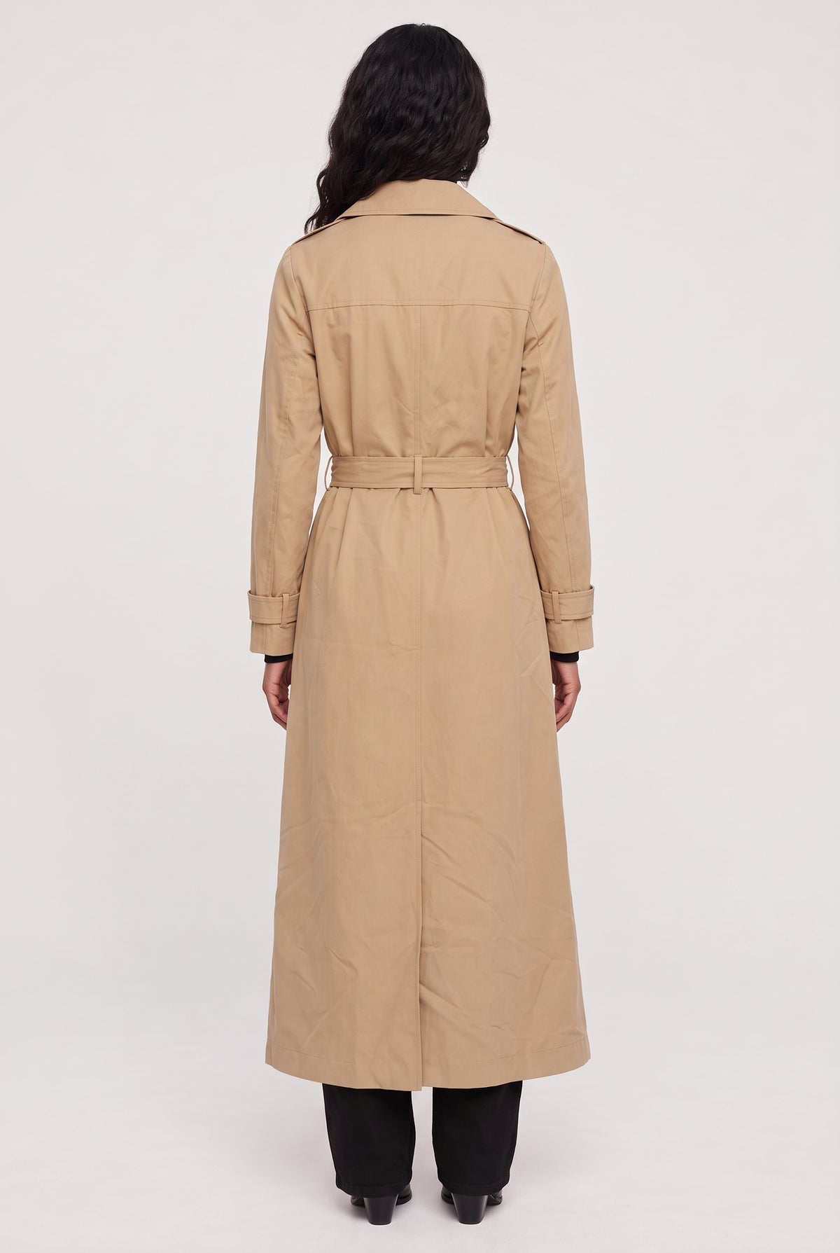 [TAN] model wearing Trench Coat posing Back View