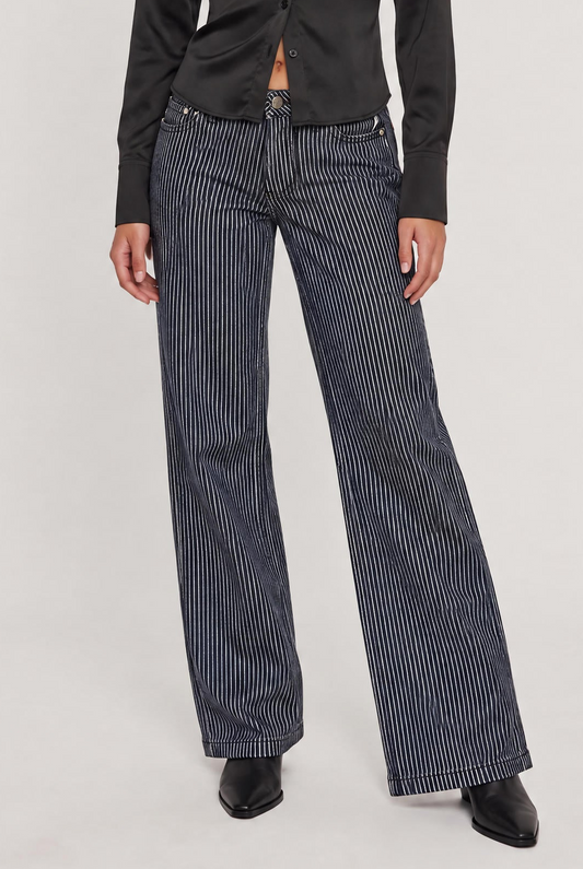 
model wearing Washed Black Striped Jean posing Front View