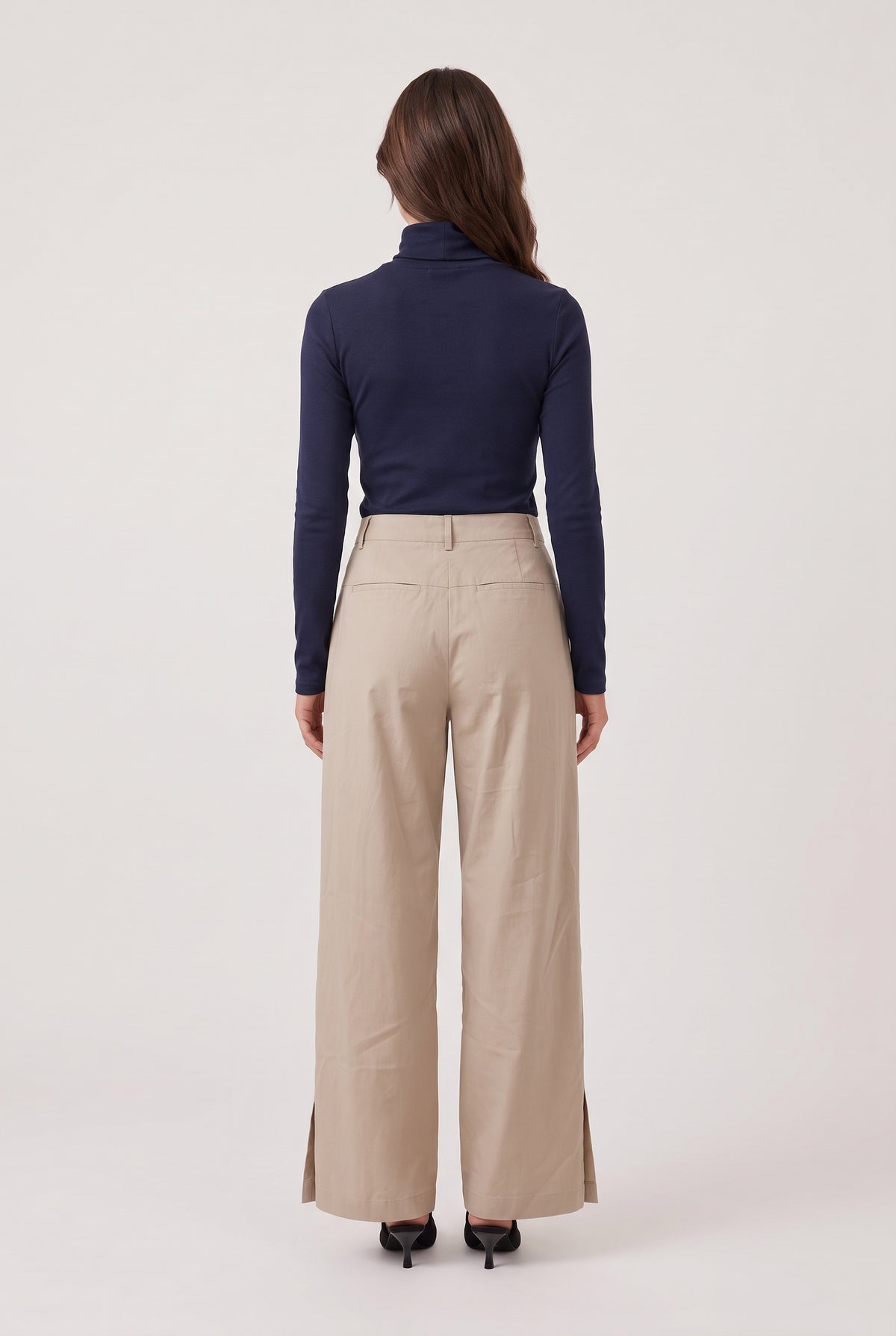 [BEIGE] model wearing Wide Leg Pant posing Back View
