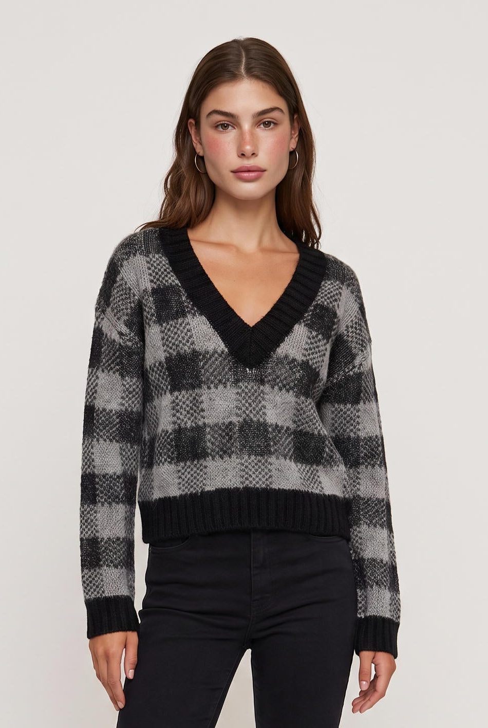 [PLAID] model wearing Helga Knit Sweater posing Front View