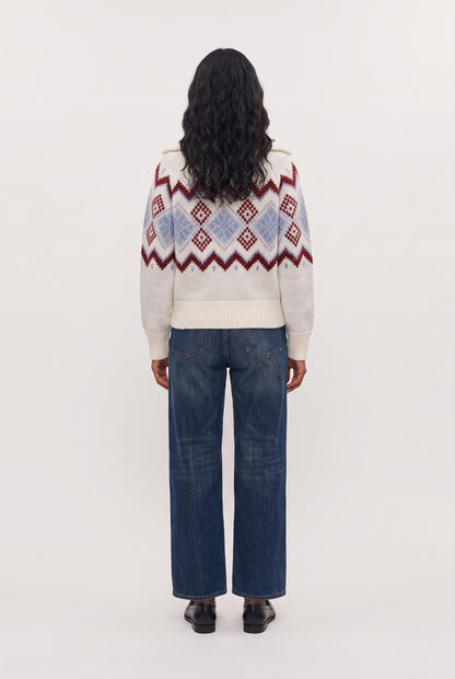 
model wearing Percy Fair Isle Jacket posing Back View