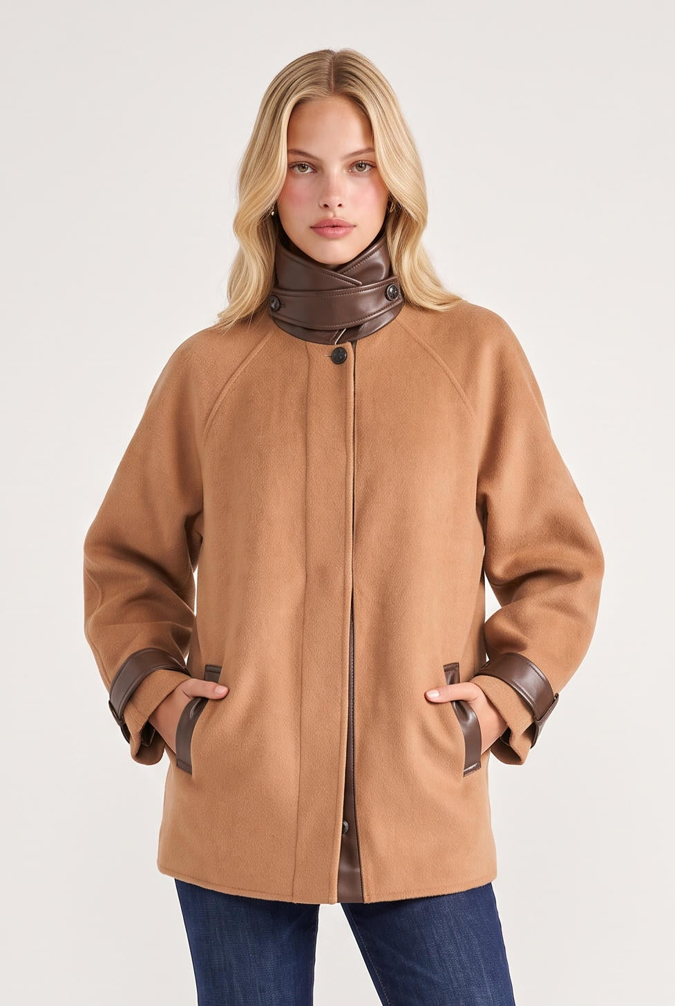 [TAN] model wearing Yanna Coat posing Front View