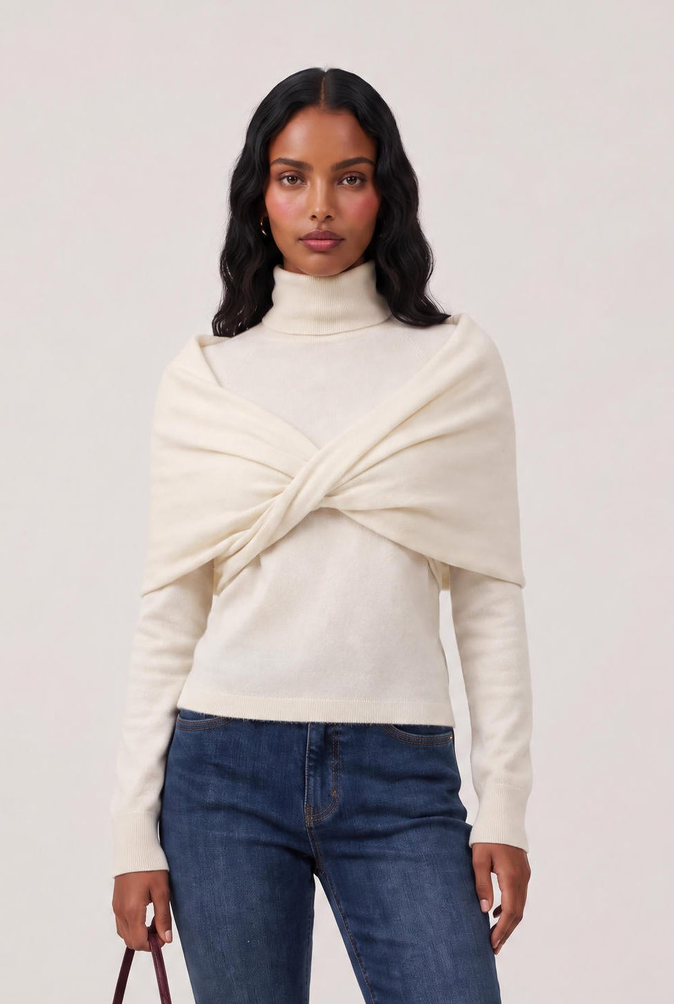 [WHITE] model wearing Zephy Knit Top posing Front View