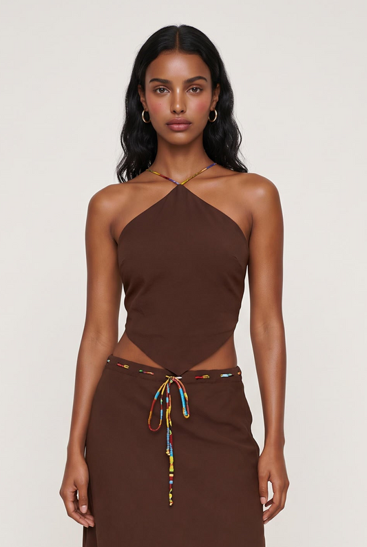 
model wearing Demi Halter Top posing Front View