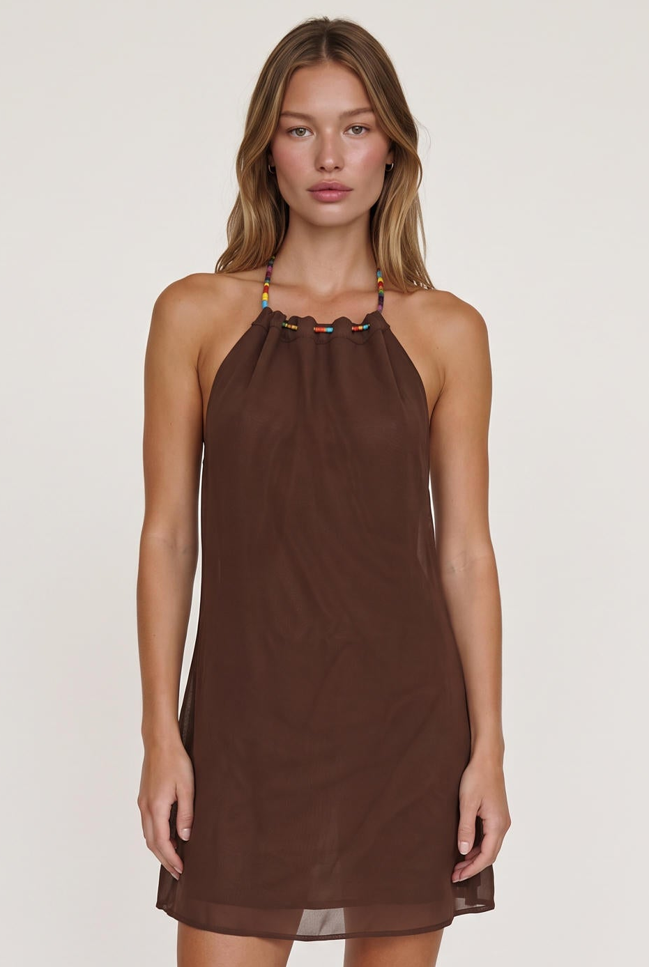 
model wearing Larissa Halter Dress posing Front View