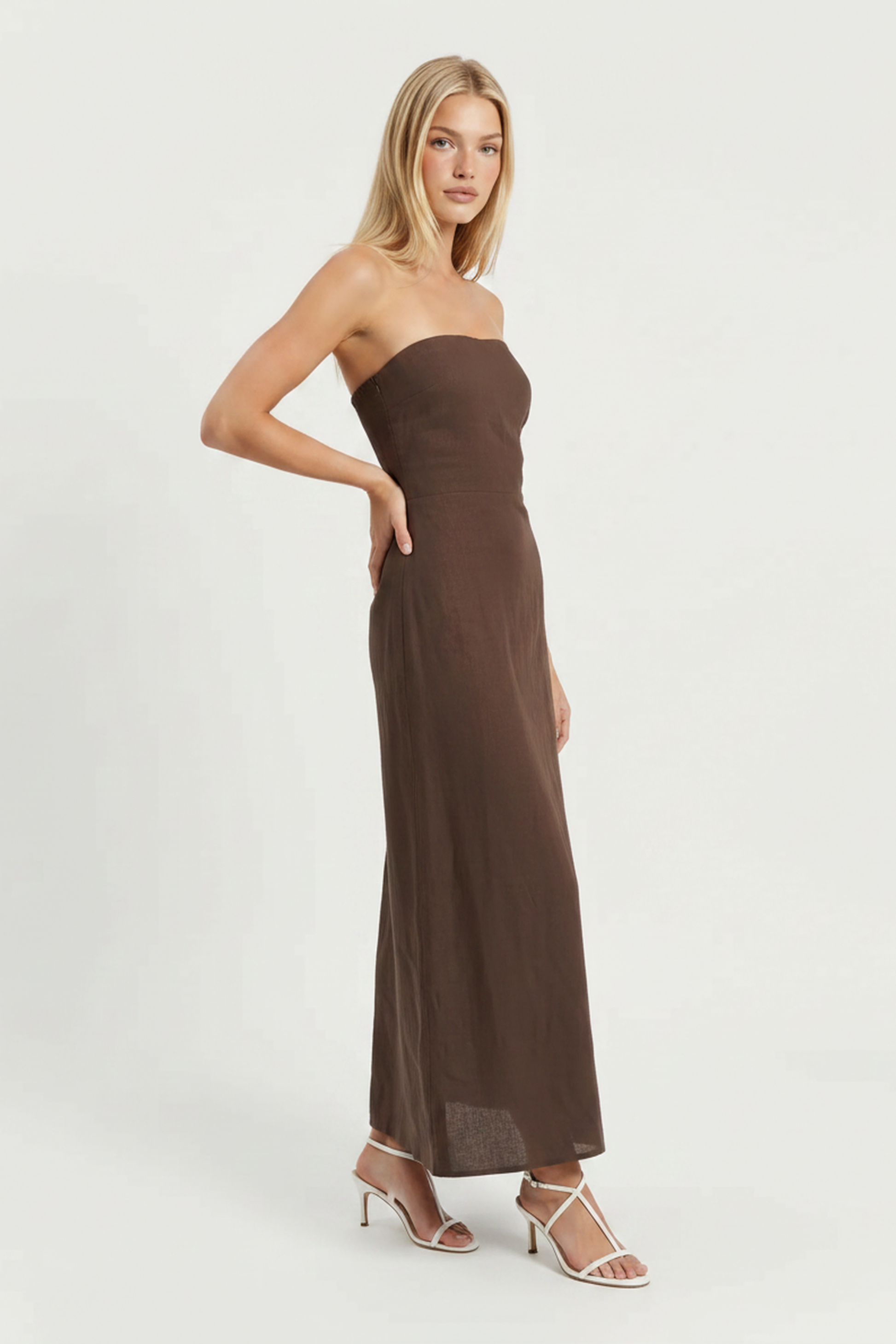 Via Roma Strapless Dress - Chocolate Brown Maxi Linen Look  Mixology