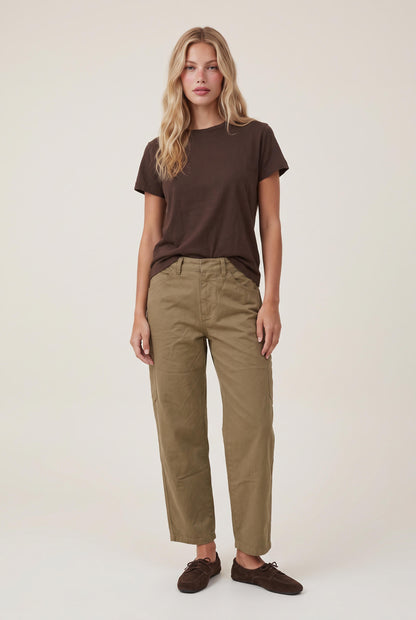 
model wearing AVIV TWILL BARREL PANTS posing Front View