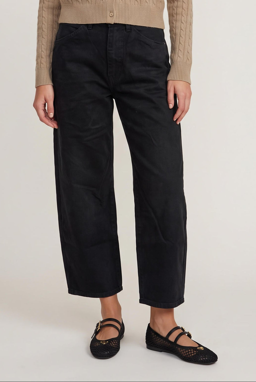 [BLACK] model wearing AVIV TWILL BARREL PANTS posing Front View