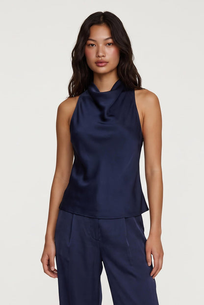 
model wearing Aman Satin Tank posing Front View