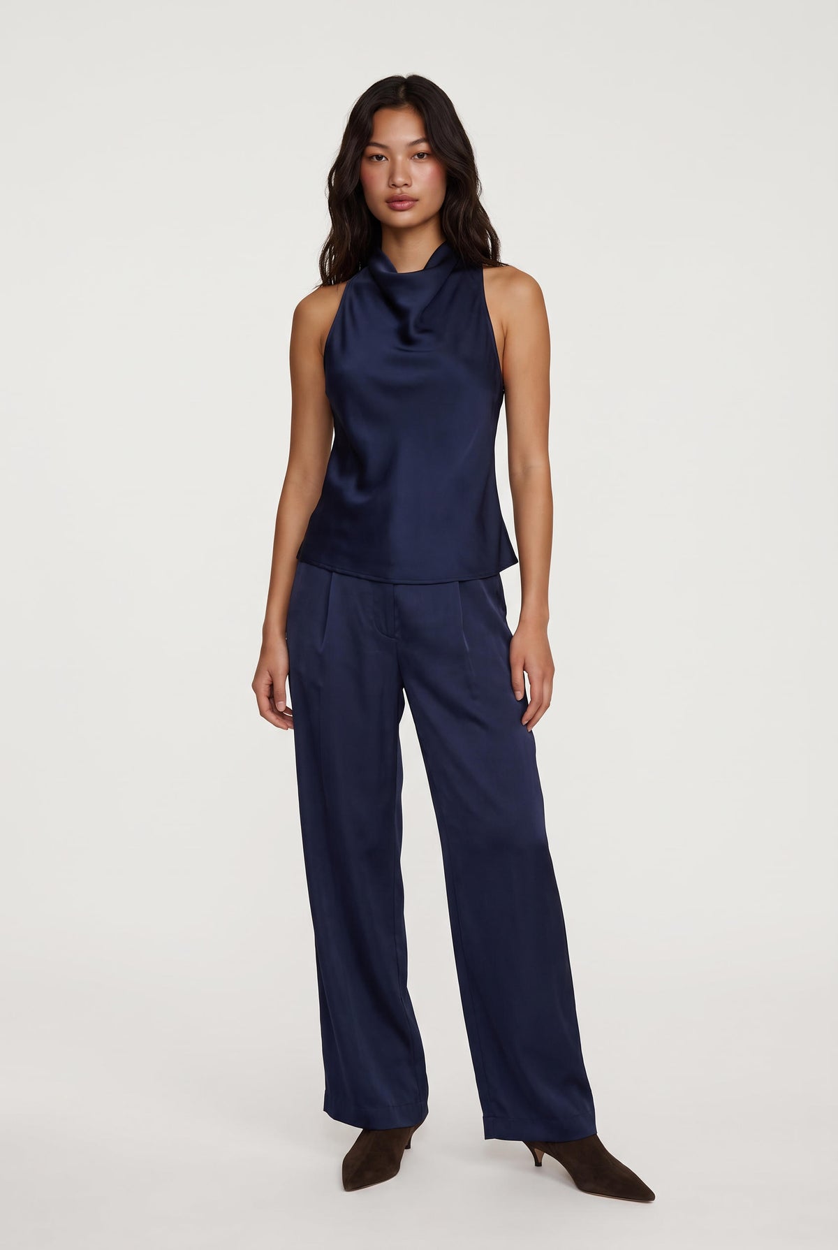 [NAVY] model wearing Aman Satin Tank posing Front View