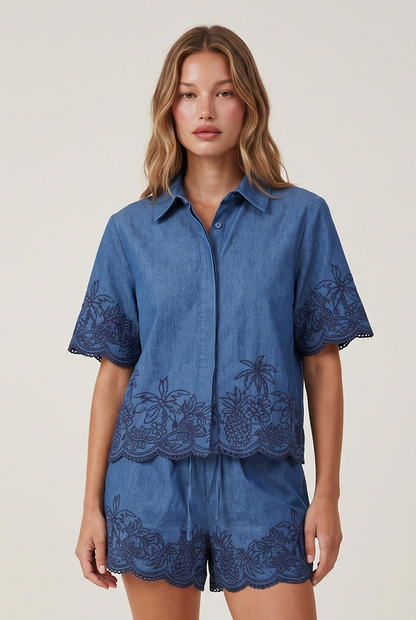 
model wearing Blair Embroidered Top posing Front View