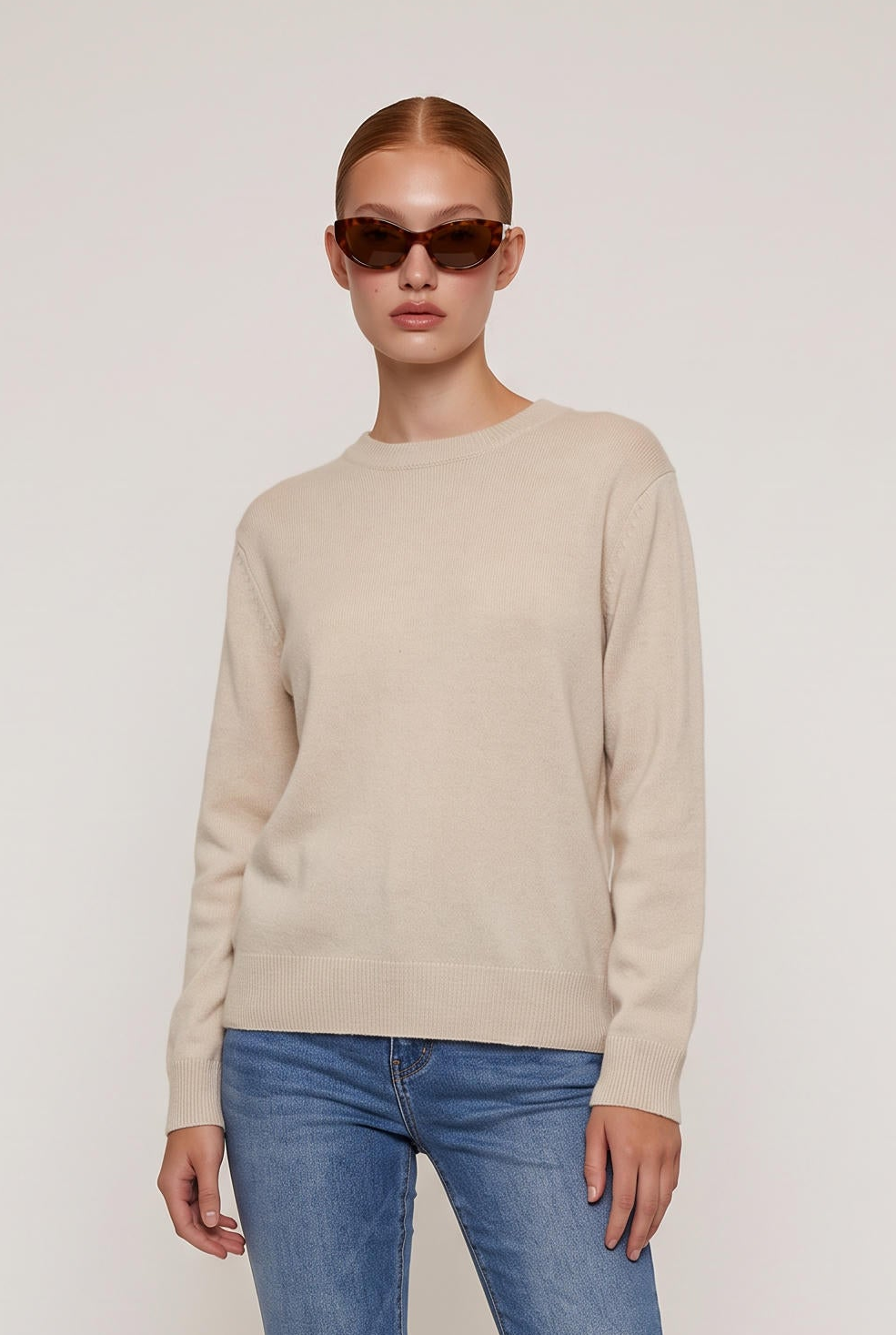 [MILK] model wearing Classic 100% Cashmere Crew posing Front View