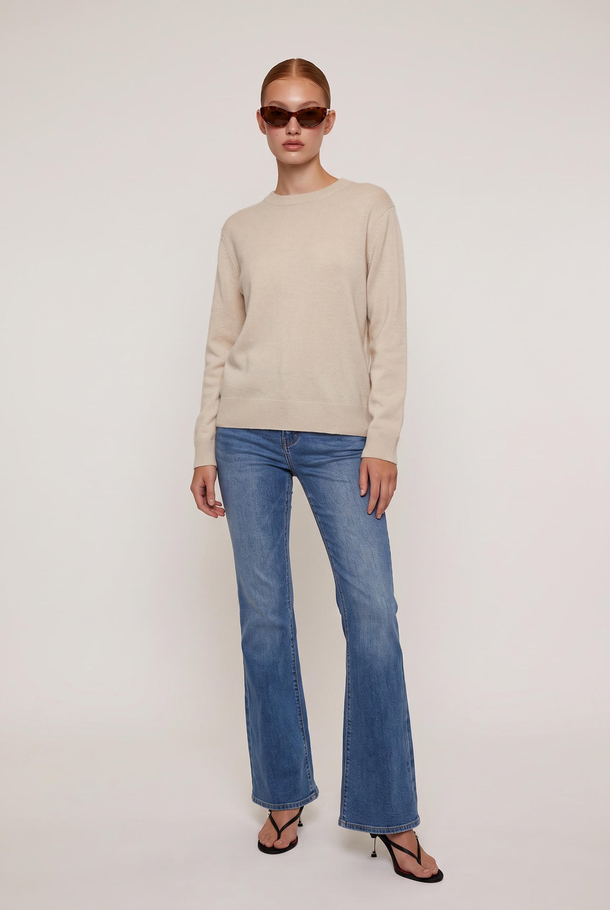 
model wearing Classic 100% Cashmere Crew posing Front View