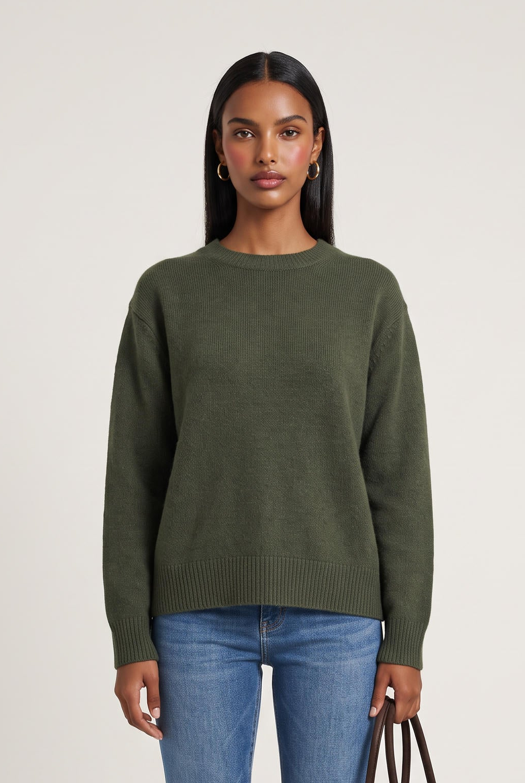 
model wearing Classic 100% Cashmere Crew posing Front View