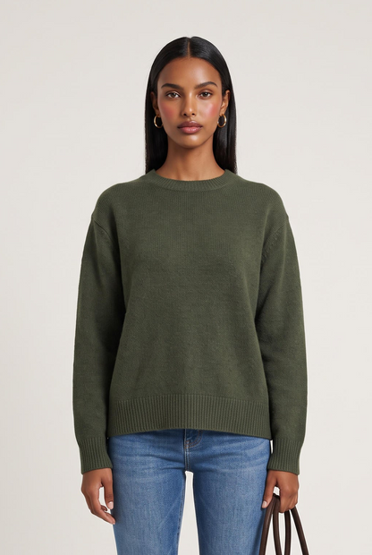 
model wearing Classic 100% Cashmere Crew posing Front View