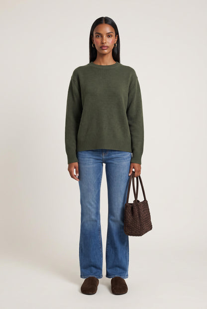 
model wearing Classic 100% Cashmere Crew posing Front View