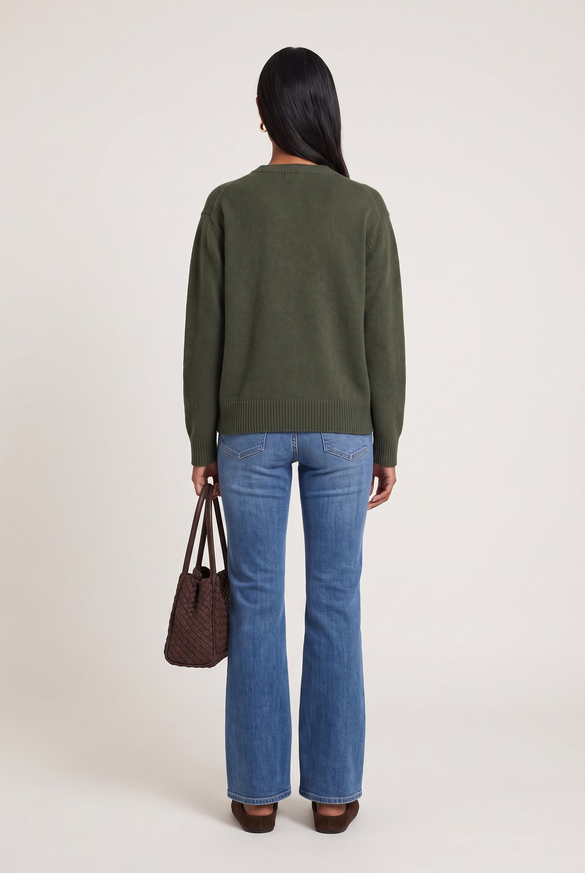
model wearing Classic 100% Cashmere Crew posing Back View