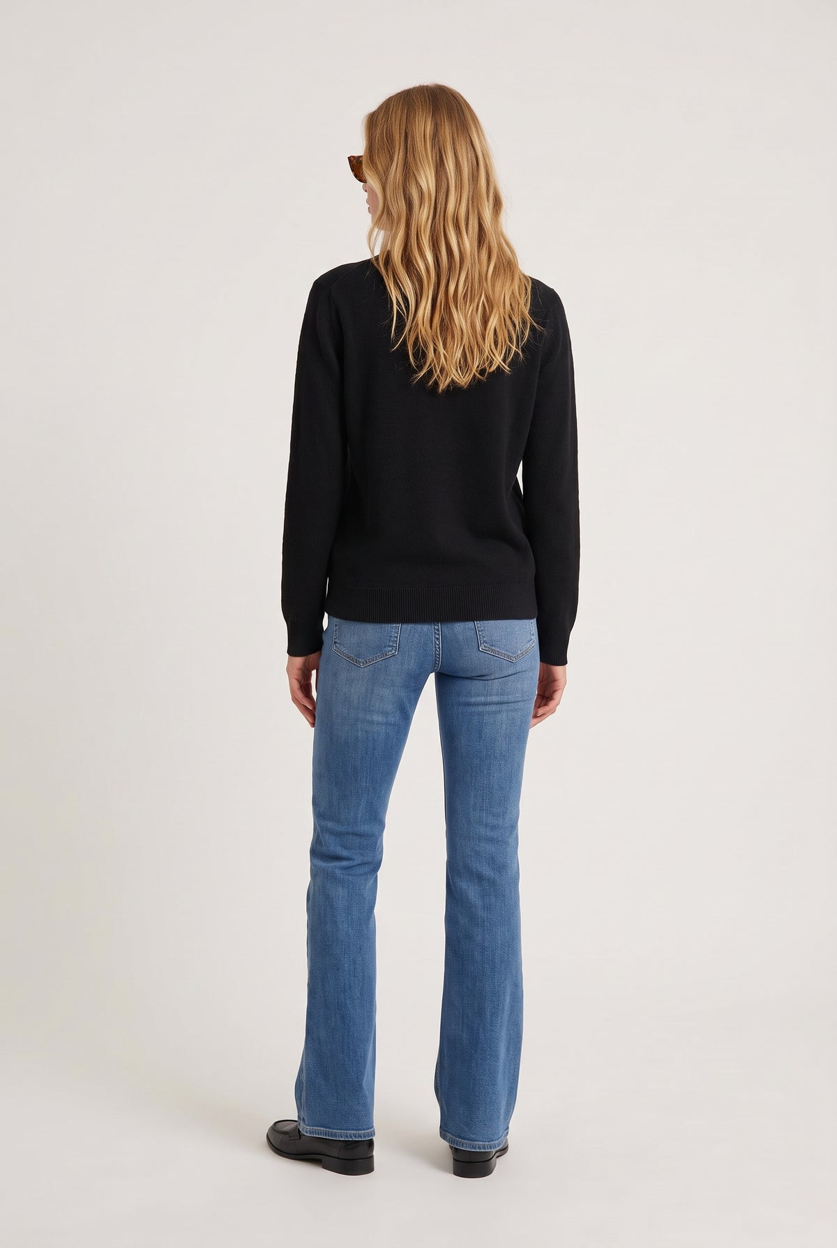 [BLACK] model wearing Classic 100% Cashmere Crew posing Back View