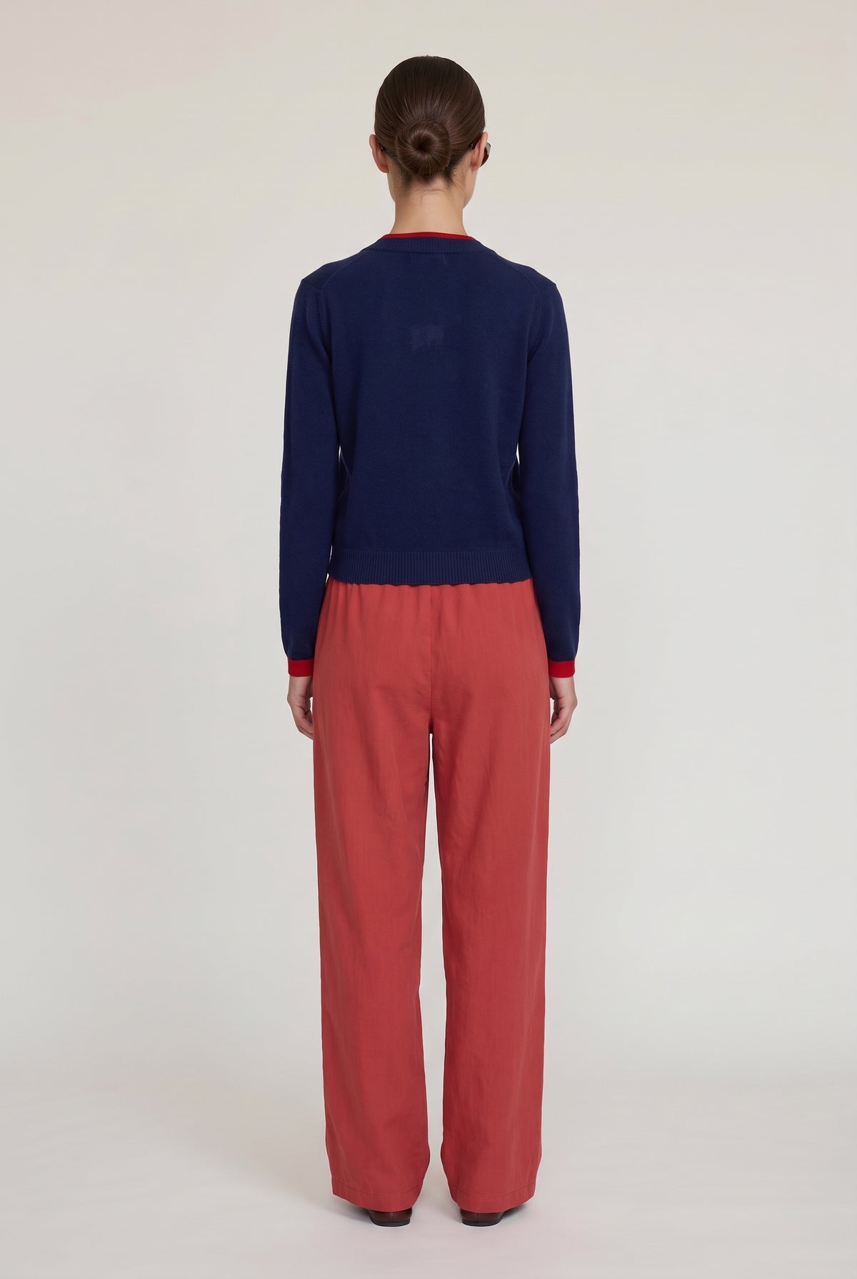 
model wearing Double Layer Cashmere Cardigan posing Back View