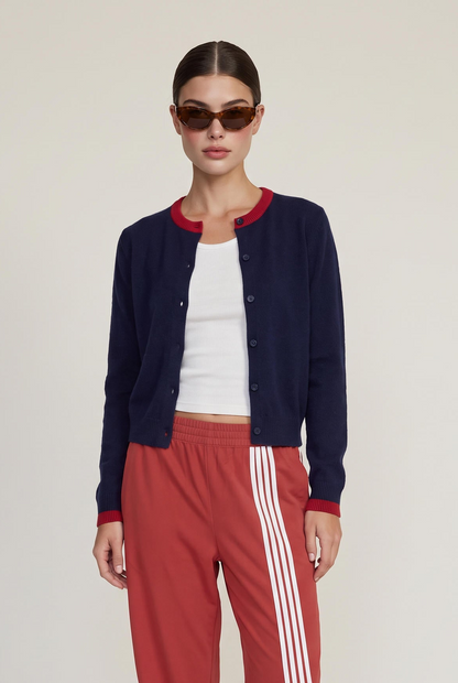 
model wearing Double Layer Cashmere Cardigan posing Front View