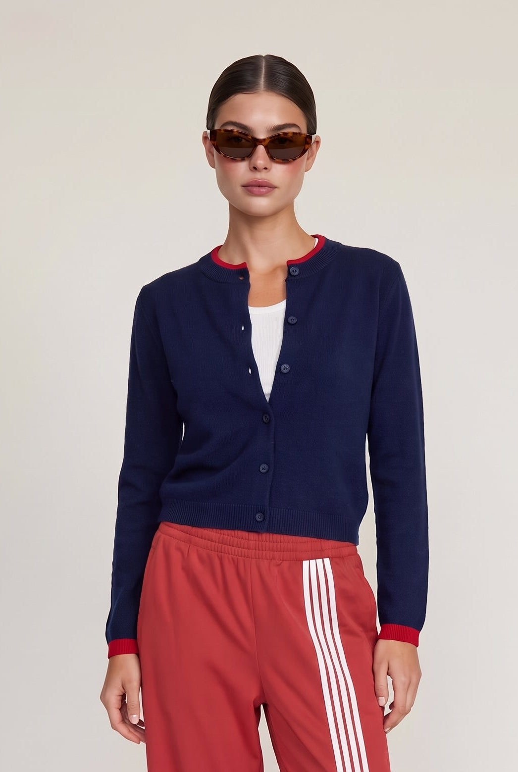 [NAVY/RED] model wearing Double Layer Cashmere Cardigan posing Front View