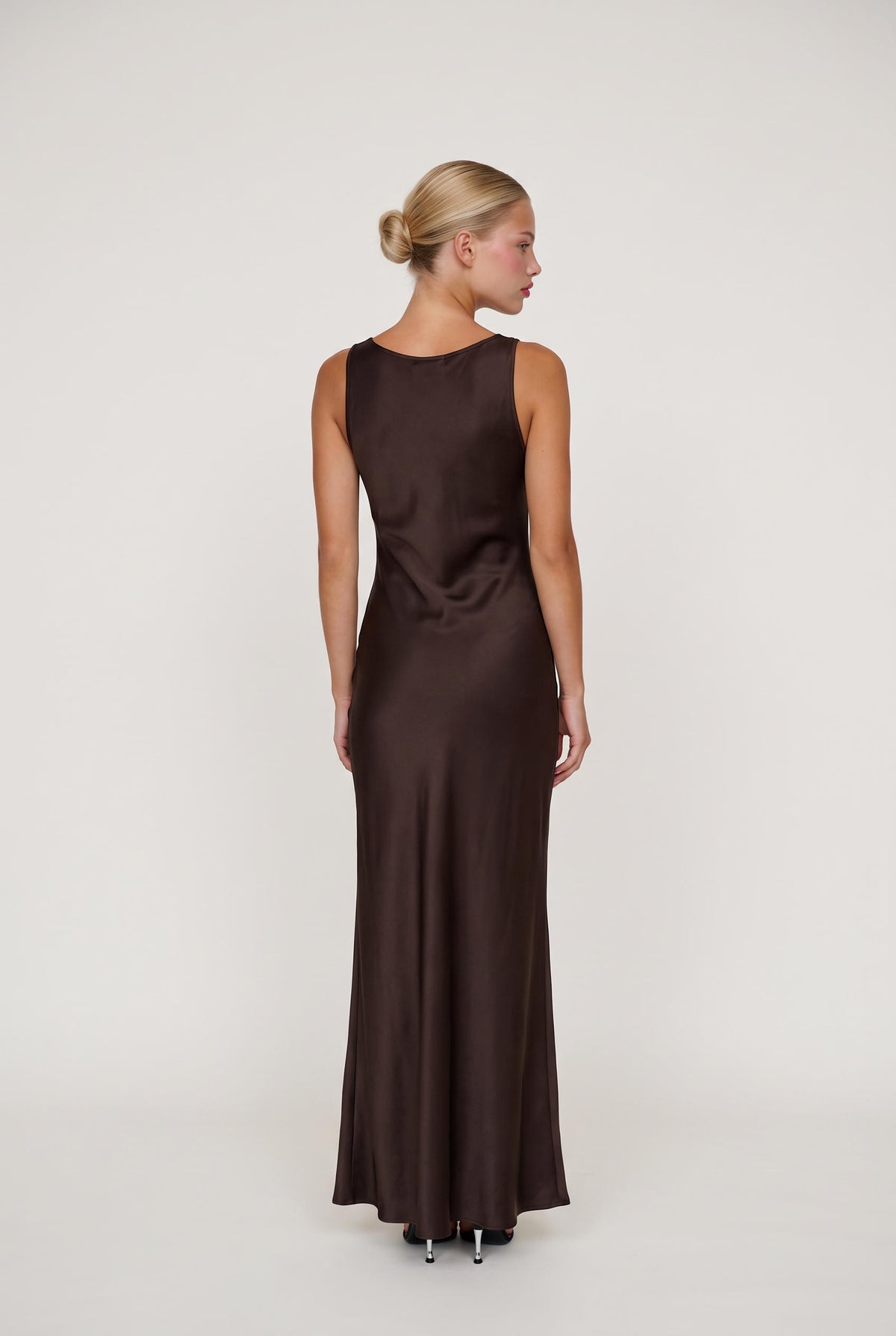 
model wearing Jerome Satin Long Maxi posing Front View