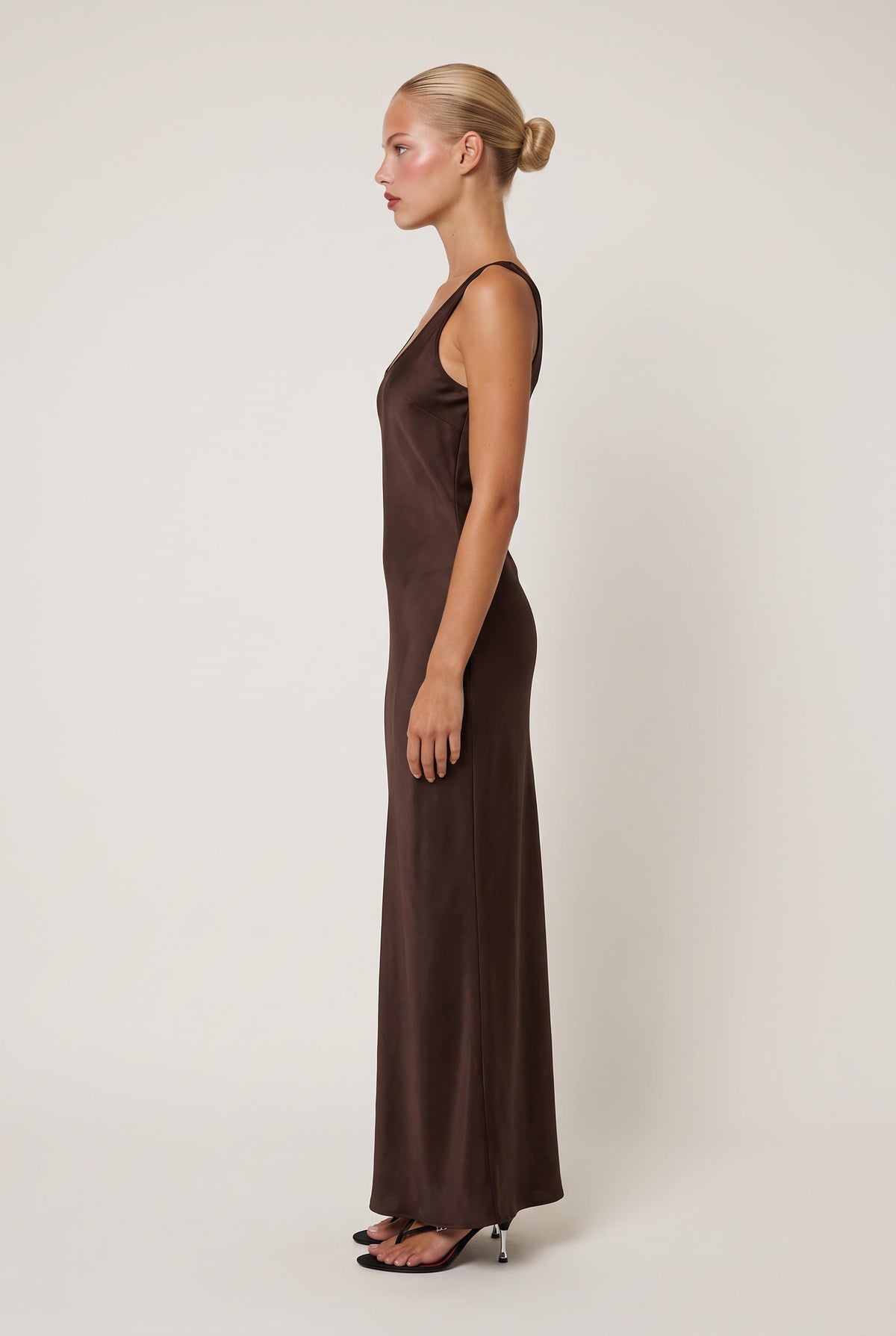 
model wearing Jerome Satin Long Maxi posing Front View
