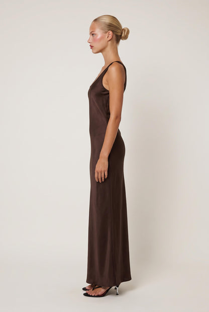 
model wearing Jerome Satin Long Maxi posing Front View