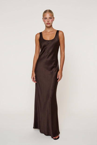 
model wearing Jerome Satin Long Maxi posing Front View