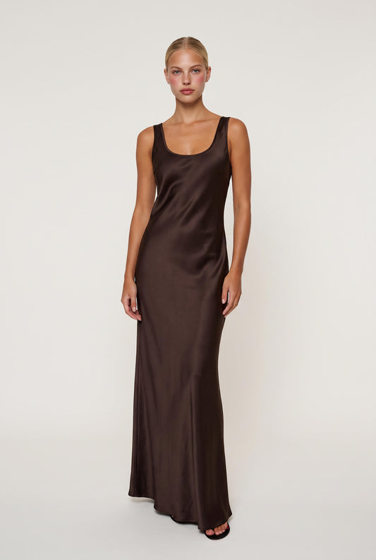 
model wearing Jerome Satin Long Maxi posing Front View