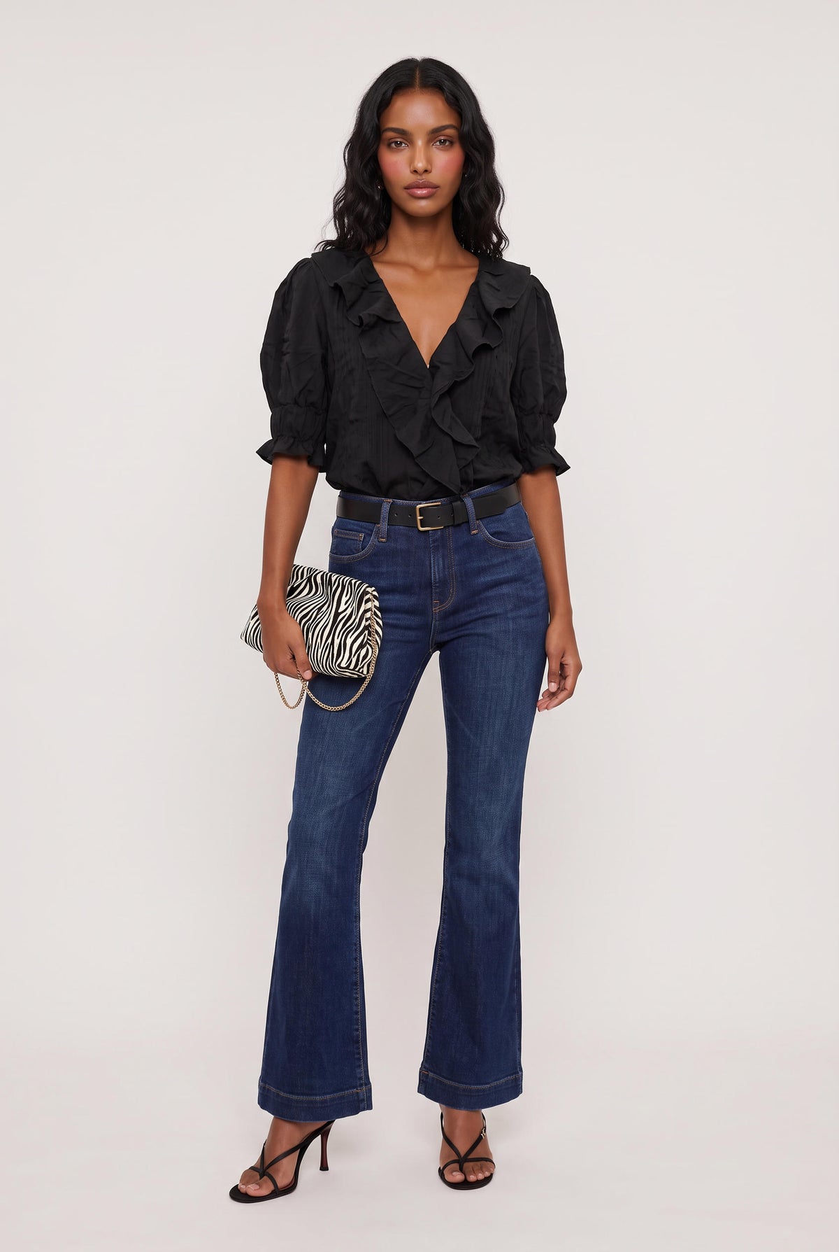 [BLACK] model wearing Sage Ruffled Lace Trim Top posing Front View