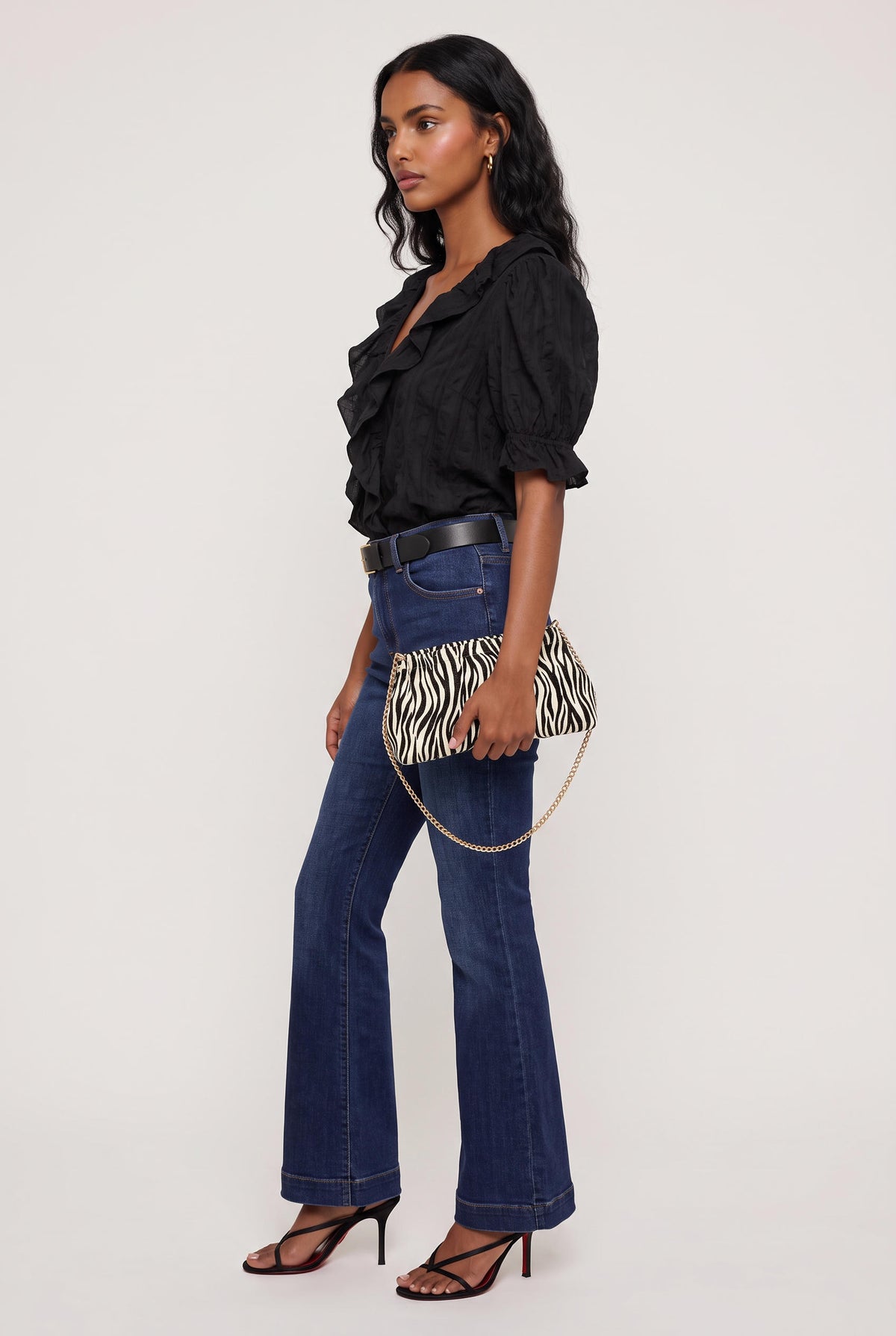 [BLACK] model wearing Sage Ruffled Lace Trim Top posing Front View