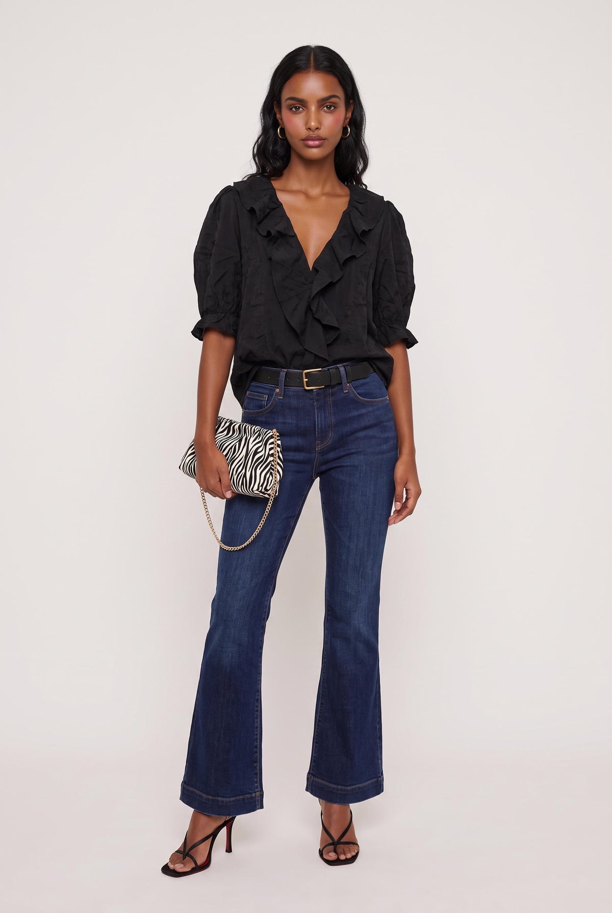 
model wearing Sage Ruffled Lace Trim Top posing Front View