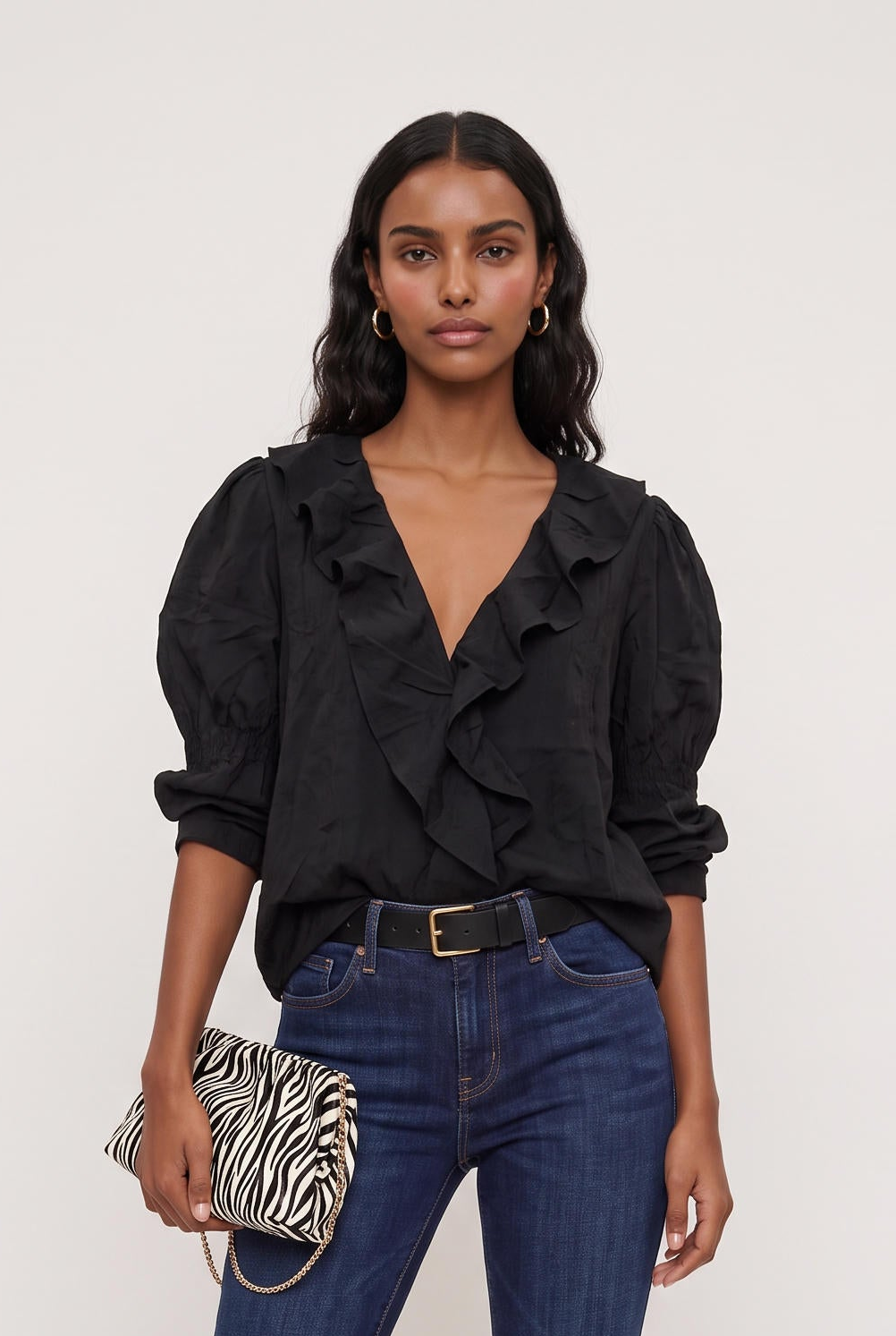 [BLACK] model wearing Sage Ruffled Lace Trim Top posing Front View