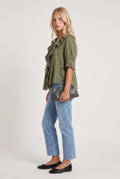 
model wearing Sage Ruffled Lace Trim Top posing Front View