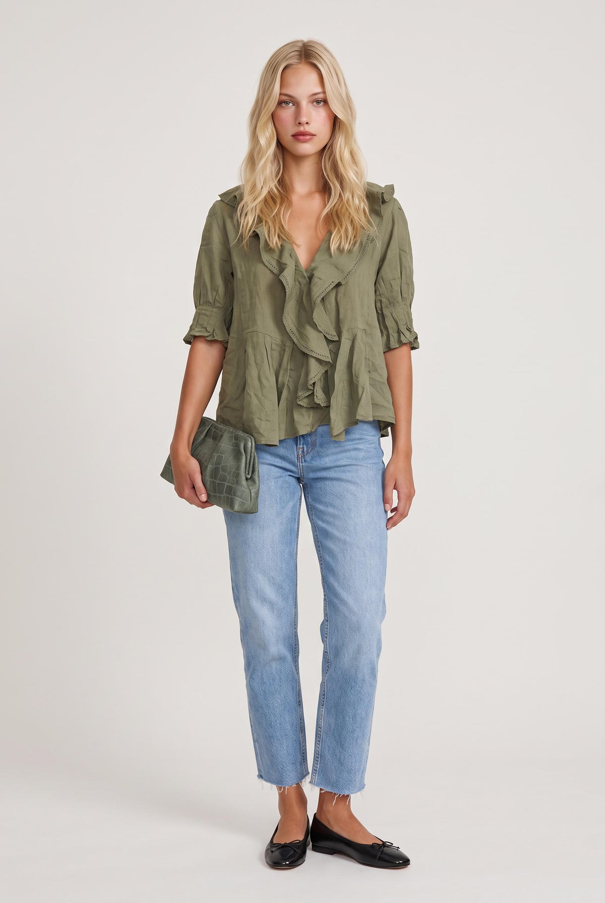 [OLIVE] model wearing Sage Ruffled Lace Trim Top posing Front View