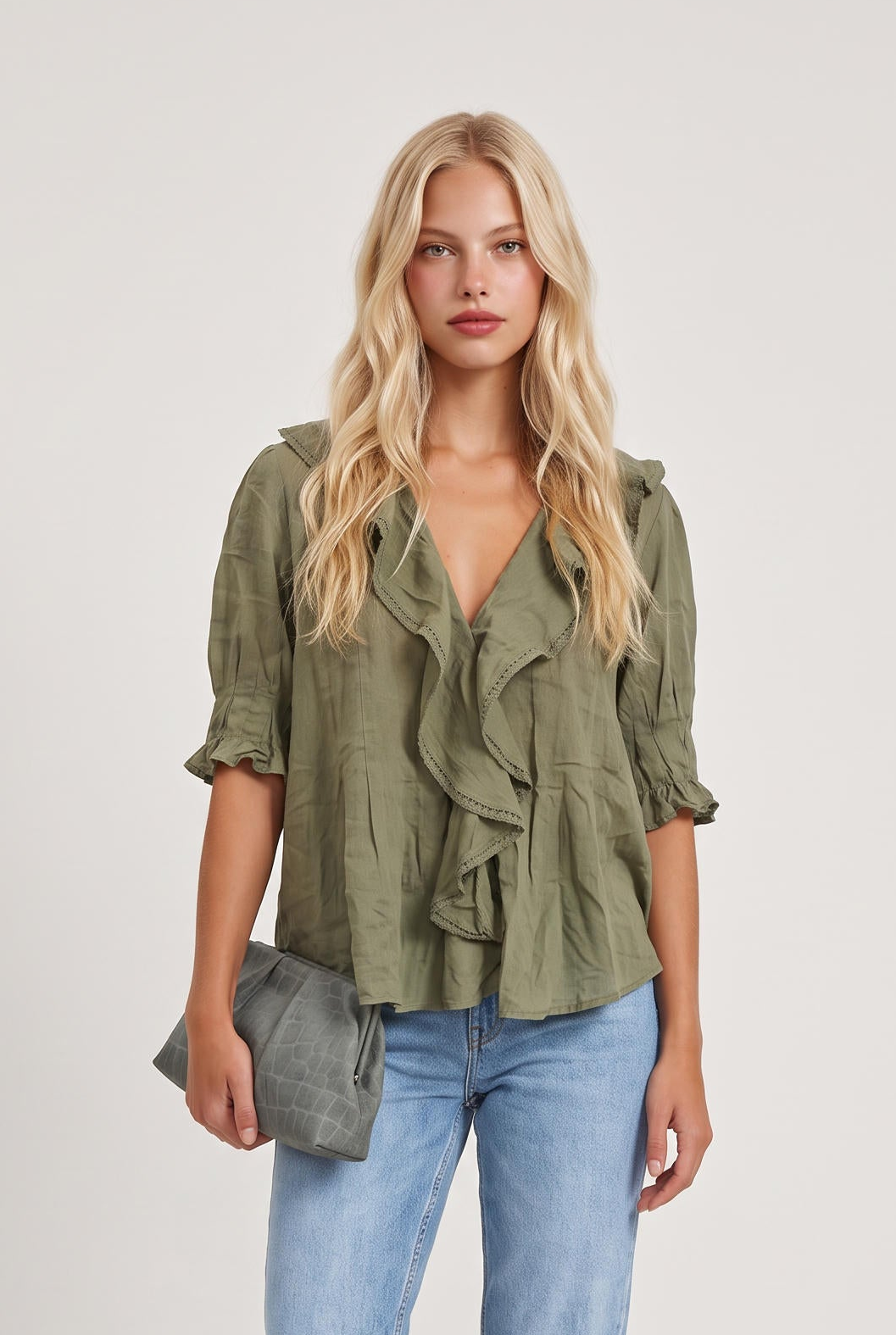 
model wearing Sage Ruffled Lace Trim Top posing Front View