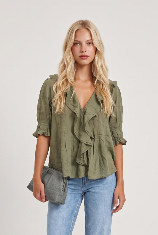 
model wearing Sage Ruffled Lace Trim Top posing Front View