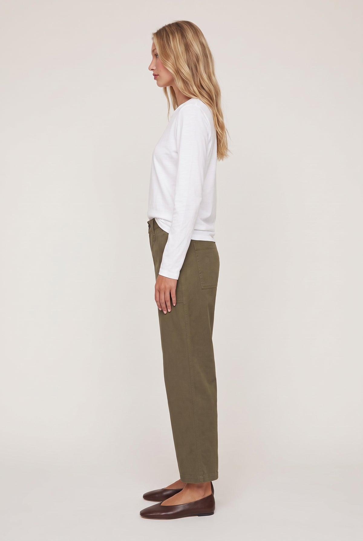 [OLIVE] model wearing Colman Bowed Utility Pant posing Side View